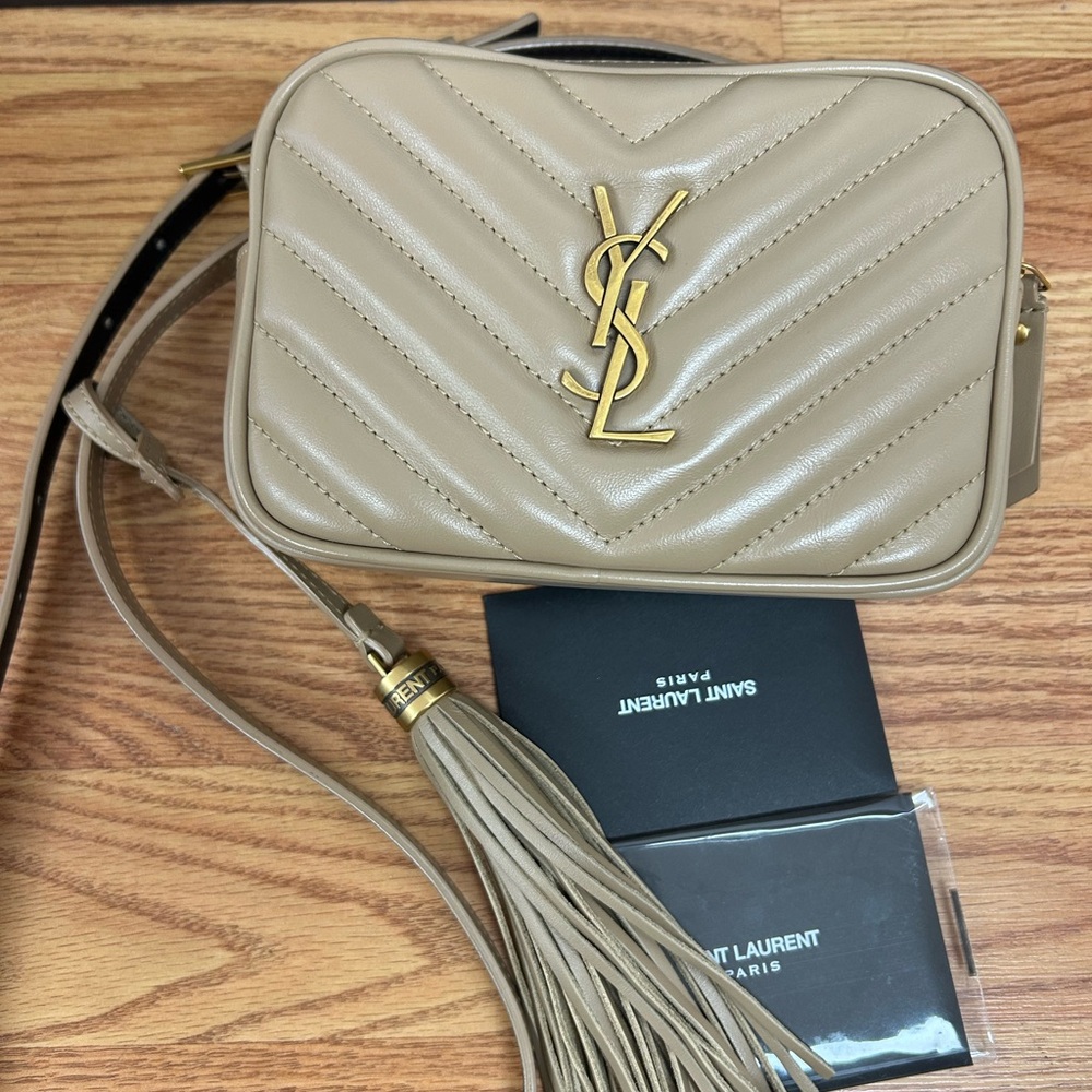 Saint Laurent Taupe Crossbody Bag with Gold Accents